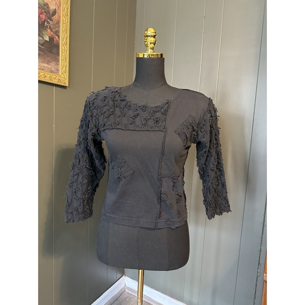 Christina Vintage Black 3/4 Sleeve Textured Top Blouse Distressed